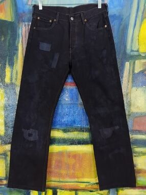 Rare Artisan Levi 501 Jeans In Deep Blue Marbled Wash With Stitched Patchwork 30